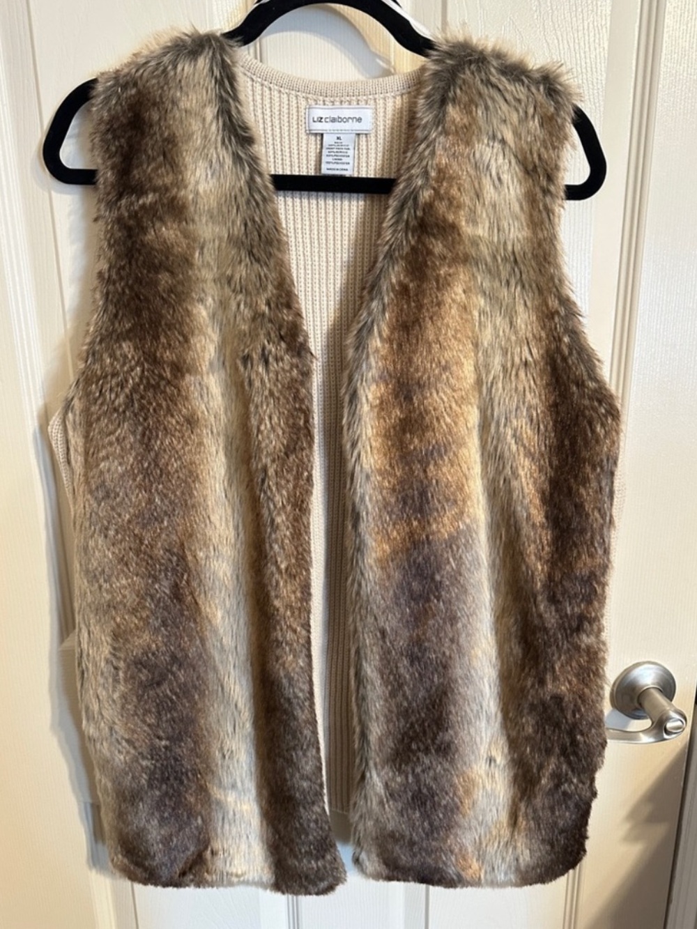 Liz Claiborne Plush Faux Fur Vest w Knit Ribbed Back Texture, Brown, Sz XL, NWOT - Picture 2 of 8
